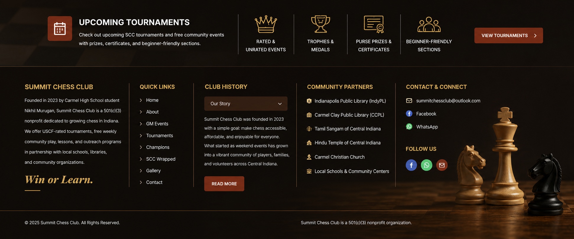Summit Chess Club footer with tournaments, quick links, club history, Community Partners, contact information, and chess pieces